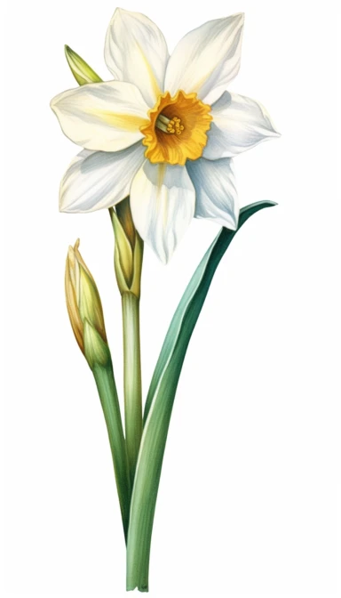 Naturalist watercolour illustration of a Jonquil flower, white background, clipart,