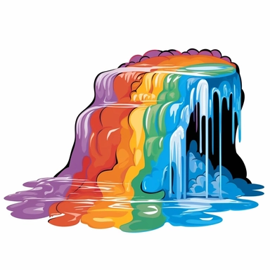 very simple yet funky two dimensional clipart comic image of a 60s style waterfall with rainbow water a white background