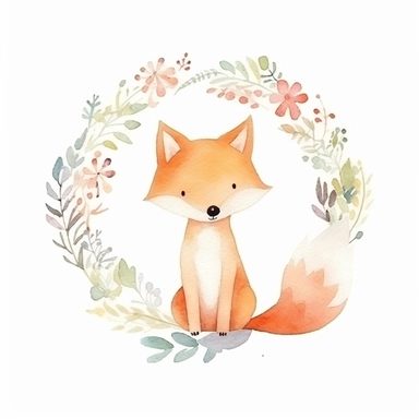 cute fox in a dainty minimalist floral wreath, watercolour, magical, kids art, clipart, isolated white background, 8k