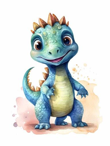 nursery wall art print of full body happy baby dinosaur with sparking eyes and dark grey skin in watercolor, cartoon style, isolated on white background, sharp border, clipart