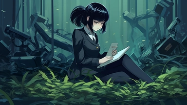 high quality clip art of reading anime girl robot in swamp, black hair and black suit, white solid color background, cold color palette based blue, Pro freelance, Illustration agency, behance style,