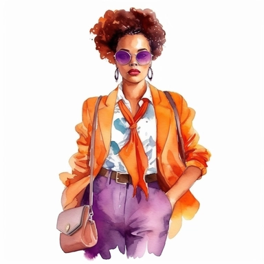 watercolor style, african american lady boss in fashion chic clothes, perfect look, classic colors, expressing self-confidence and empowerment. clipart, isolated on white background, hd