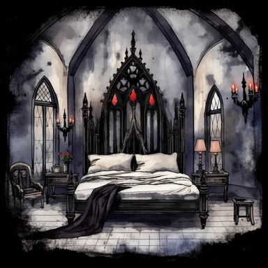 Gothic style bedroom with watercolor effect, suitable for digital clipart, white background, gothic scene, gothic colors, gothic tools, gothic roses, skull, dark scene