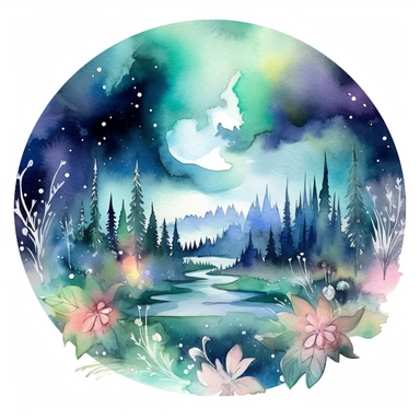 watercolor northern lights over flowers illustration clipart, in the style of use of northern lights tones, intricate storytelling, beautiful color palette, rounded, ephemeral installations, elaborate borders, romanticized depictions of wilderness, clipart, blank white background