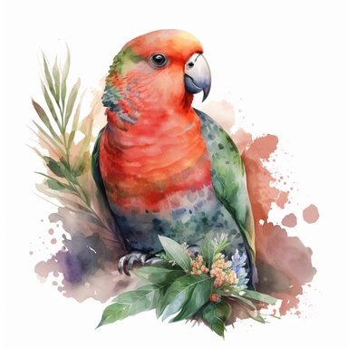 watercolor clipart of a cute Australian King Parrot bird with big eyes, native flowers, no background. Sharp face of animals. Adorable. High quality.