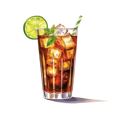 In this captivating Cuba Libre cocktail illustration set against a pristine white backdrop, a spirited scene comes to life. The iconic Cuba Libre takes center stage, showcasing its vibrant and enticing elements. A classic highball glass stands tall, filled with a delightful blend of rum, cola, and a squeeze of lime. The drink's effervescent effervescence and rich amber hue exude a sense of celebration. A perfectly sliced lime wheel floats atop the glass, adding a refreshing touch. The illustrati