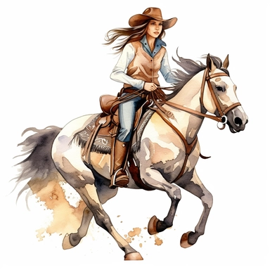beautiful clipart of a a cowgirl riding a bucking bronco horse in water color on a white background