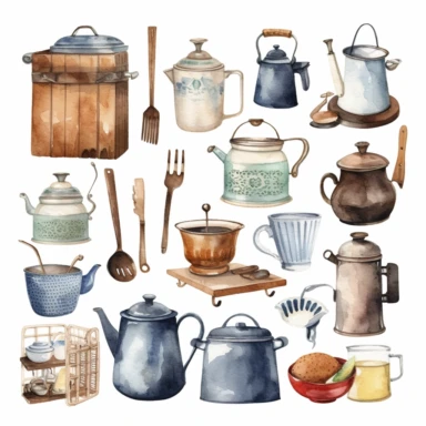 Antique kitchens utensils. Watercolor clipart, old things, wooden plank, iron pans, coffee pot, kettle, bakeware, milkman. Isolated elements on a white background . Stock illustration. Hand painted.