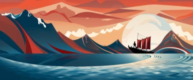 A captivating clipart-inspired interpretation of a Norwegian landscape. The geometric silhouettes of the mountains, the stunning fjords morphed into sweeping, abstract curves. An intricately detailed Viking ship in the foreground, its design bearing the unmistakable touch of cubist inspiration. Overhead, a stylized polar bear in the star-filled sky, an homage to Norway's Arctic ties.