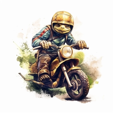 Create a clipart of a cute baby turtle in a leather jacket riding a vintage motorcycle. Strong and vibrant colors. Jungle trees before a White Background, soft lighting.