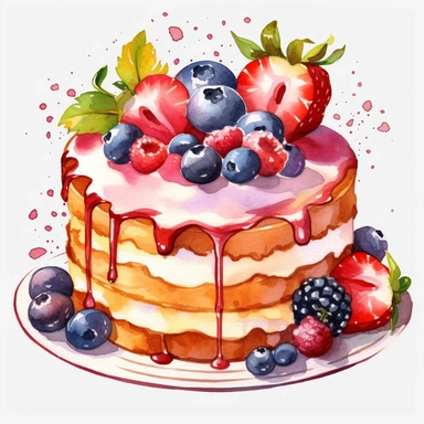 watercolour fruit cake clipart, hd, on white background, spaced out ar 3:2