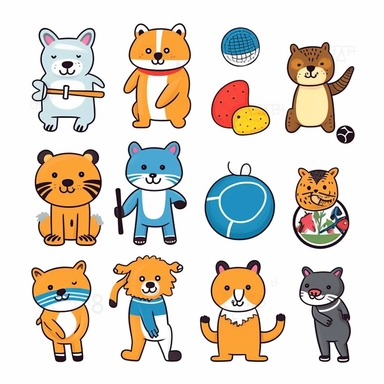 Design a clipart set that depicts animals playing various sports such as basketball, soccer, volleyball, tennis, and football. Select animals that are commonly associated with the specific sport, adding also images of other animals that would be unexpected but depict a playful atmosphere. Add extra details like uniforms and equipment like balls, nets, and rackets. Each animal should be depicted doing a specific action associated with the sport, such as a lion dribbling a basketball or an eagle s