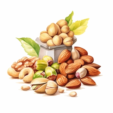 picturesque, simple, bright, the best simple mixed nuts, almond, cashew nut, pistachio, peanut, macadamia nut, in the world, clipart on white background, watercolor, painted by Beatrix Potter, 8k,