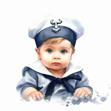realistic watercolor cute newborn baby in sailor suit, isolated white background, babyshower clipart, 8k, soft blue tones