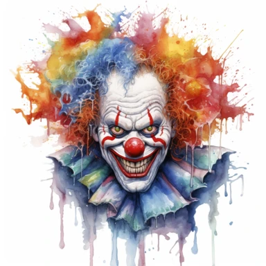 A sinister portrait of a deranged clown, its face painted with a twisted smile, its eyes filled with madness and malice, capturing the essence of a true nightmare. Clipart, watercolor, white background, intricate detail.