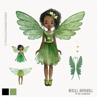 cute mixed race skin fairy girl wings watercolor clipart green dress - - ar 3 : 2 - - 4b