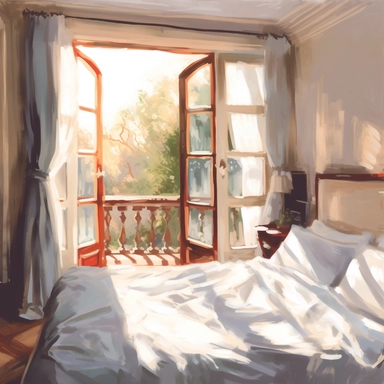 The morning sunlight shines into the window, and there is a bed in the room with oil paintings, White background, Clip Art Style
