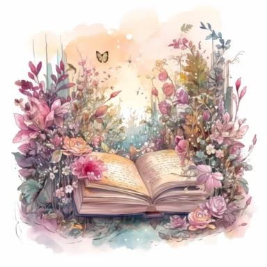 fantasy scene coming out of an open book, secret garden, florals, magical, watercolors, Clipart, pastel pink color theme