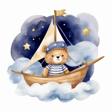 night sky clouds and a swarm of golden stars. a cute plushie sailor bear in a striped blue and white shirt and a sailor hat, in a wooden sailboat with a white sail, sailing on fluffy clouds not sea. dreamy. prominent visible brush strokes, watercolour texture, watercolor clipart png on white background
