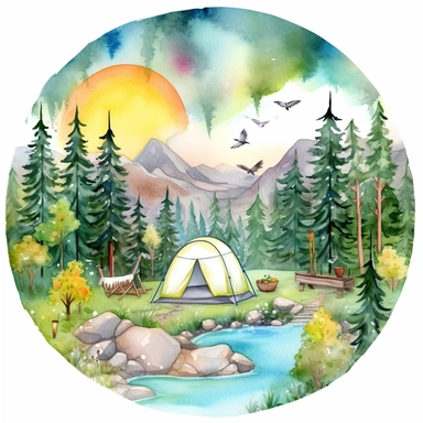 watercolor clipart painting of a Colorado mountain landscape, with evergreen pine trees, pinecones and sage green trees, with some yellow aspen trees and white birch trees, camping tent by a stream with rocks in the babbling brook, a butterfly and dragonfly, some birds, a sunset, hd, mystical and whimsical illustration with a little gold glitter and aurora borealis bubbles, with a few flowers and floral and botanical and ethereal elements, with white background,