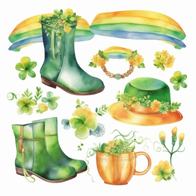 a set of St. Patrick's Day clipart, featuring elements leprechaun hats, shamrocks, pots of gold, rainbows, horseshoes, and Celtic knots, watercolor clipart on white background, high resolution, outline, clip art