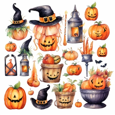 Watercolor halloween themed, illustrations clipart set, simple, christmas colors , cartoon elements,pumpkins, broom, witch hat, skeletons, baskets full of candy, candies, bats, lanterns different variants , separate elements with a margin
