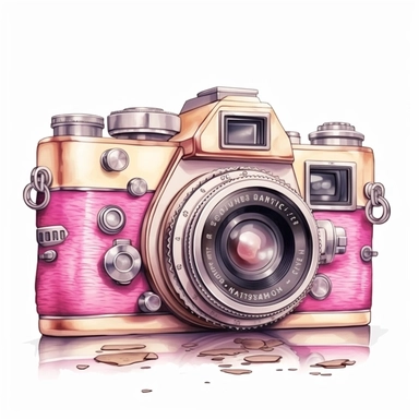 Cute Beautiful Pink Camera Sublimation Clipart ,Cartoon,hyper realistic, intricate detail, illustration style,high solution,on the white background