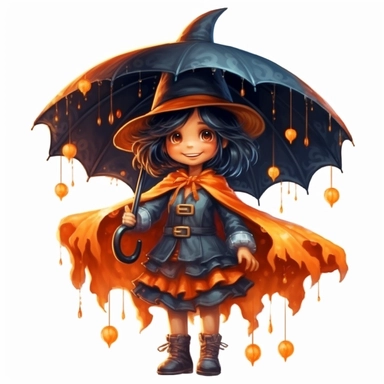 Cute Adorable magical little witch holds laterally a huge umbrella in his hand wears a raincape and stand in the rain on a country road, correct umbrella, clipart, high detail, 8k polished, 8k, vibrant colors, white background, sticker