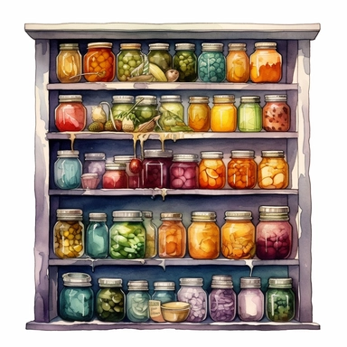 watercolor, hyper realistic, white background, white margins, 16k, ultra detailed clipart, cut out image, hand-drawn a kitchen window with shelves holding jars of homemade preserves and jams. in the style of colorful ink wash paintings, charming character illustrations, piles/stacks, creative commons attribution, digital painting, barroco