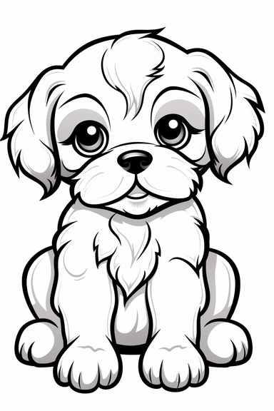 design a black and white adult coloring book page of an cute and kawaii puppy clipart white background no text, coloring page black and white comic book flat vector, white background, Amazon Adult coloring book, no words, no logos, 8k resolution