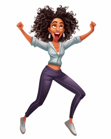Cartoon illustration Clipart playful, excited Kelly Rowland Norman Rockwell style Clipart Full body shot from head to toe centered dark Brown skin African American black girl magic Kelly Rowland version with messy bun, the boss lady clipart , vector art image, in the style of feminine interiors, video collages, aquarellist, whitcomb-girls, bright summer dress, kitty lange,
