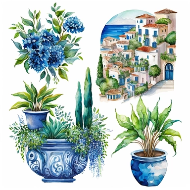 beautiful watercolor clipart of a view of a Mediterranean village with houses, potted plants and italian seascape, warm summer blue, aqua and white hues, compositions on an isolated white background. Bright landscapes illustrations, highly detailed