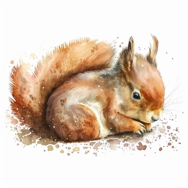 cute squirrel, watercolor clipart, realistic, childlike animal illustration, isolated on white background, Beatrix Potter, clean blended strokes, ginger and dark brown color, lying down