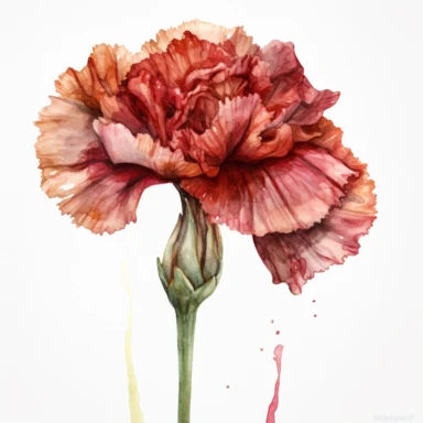 Design a watercolor clipart illustration of a single carnation flower, using the Michelangelo-inspired Watercolor Haven style on a white background. Focus on the rich color palette, intricate details, and the beauty of the carnation's petals and leaves, perfect for various creative projects.