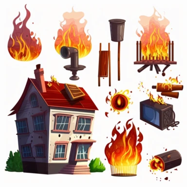 Fire fired house with burnt door fiery smoky kitchen in hot flame blaze illustration set of lighter and fireplace on white, cartoon, vector, sharp focus, super detailed, illustration, 16:9, v4, q2, 16k, High quality, clipart