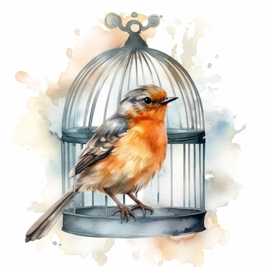 An endearing watercolor Eum bird clipart of Eum bird inside the cage 300DPI