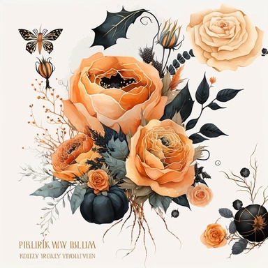 watercolor orange and black roses bouquet clipart, halloween themed, spider and pumpkins, white background