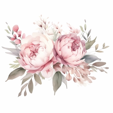 dusty pink peony arrangement watercolor, white simple background, modern STYLE, fairy style, muted color, watercolor touch, A dusty pink and white floral premade border, with elements of leaves, wildflowers and silver dollar leaves,, elegant, light, airy, fresh, classy, modern, minimalist design, no borders, Watercolor Flowers Clipart, airy dreamy pale, horizontal Premade border v 4 ar 19:16