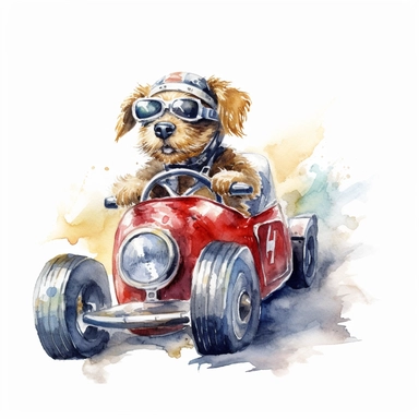 a dog driving a racing car, watercolour, clipart, white background