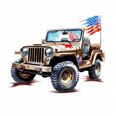 Military jeep equipped for USA independence day, painted in flag colors, Pixar style, vibrant colors, clipart with white background, - - v 5
