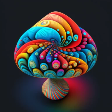 An AI generator could create a 2D, psychedelic mushroom realistic natural art that features a brightly colored, cartoonish mushroom with a bulbous cap, adorned with swirling patterns in shades of bright azure, vibrant crimson, shimmering metallic silver, and brilliant yellow. The stem is thin and twisted, and it too is covered in the same psychedelic patterns, with the addition of metallic silver and yellow. The mushroom is set against a background of swirling colors, giving the overall image a 