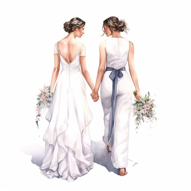 watercolor, hyper realistic, white background, white margins, 16k, ultra detailed clipart, cut out image, hand-drawn,celebration of love and commitment between two individuals of the same gender, wearing wedding attire, two brides, both wear wedding gowns, full length body