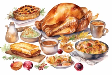watercolor roast turkey, turkey stuffing with onions and celery, mashed potatoes, gravy, green beans, corn, dinner rolls ,cranberry sauce, and pumpkin pie, clipart art, hd, on white background, spaced out