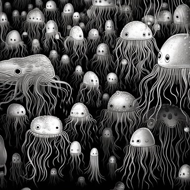 black and white coloring page for adults, a lot of jellyfish , in the style of ominous vibe, monochromatic white figures, fine lines, creative commons attribution, wallpaper, childs drawing, animated exuberance, no shading, clipart