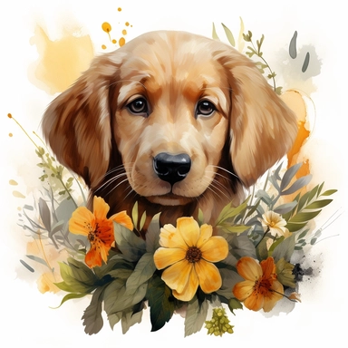 high detailed, Hand drawn watercolor clipart of golden retriever puppy with flowers and plants, Watercolor, art nouveau , on a white background