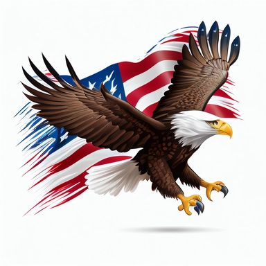 eagle flying, amercian flag in the background, clipart, white background flag with the stars on the left