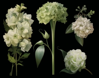 'Limelight' hydrangea bloom, chartreuse gladiolus, and 'Green ball' dianthus, mint green pastel vector clipart flowers, in the style of dark white and light emerald, victorian-inspired illustrations, detailed botanical studies, nick alm, jeannette guichard-bunel, sterling silver highlights, hand-painted details