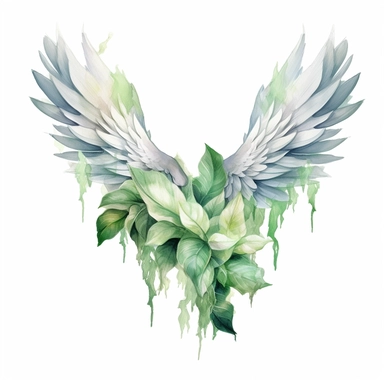 Fantasy Style Shiny White Wings on the clouds with watercolor effected and soft green floral,little leaves,suitable for digital clipart,white background,Mythologic Scene,Ancient roman fashion