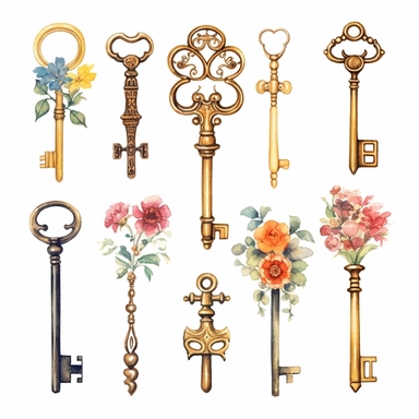 assorted gold keys inspired by Alice in wonderland watercolor illustration, design elements isolated on white background, vintage clip art - Image #4 <@1098423716465102849>