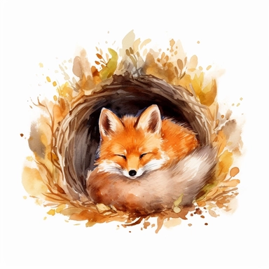 cute friendly watercolor fox cub sleeping in a warm den, with its paws tucked under its chin clipart svg in warm colors isolated on a white background